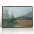 Large abstract wall art featuring muted earth tones in a mid-century modernist style, framed in black acrylic.
