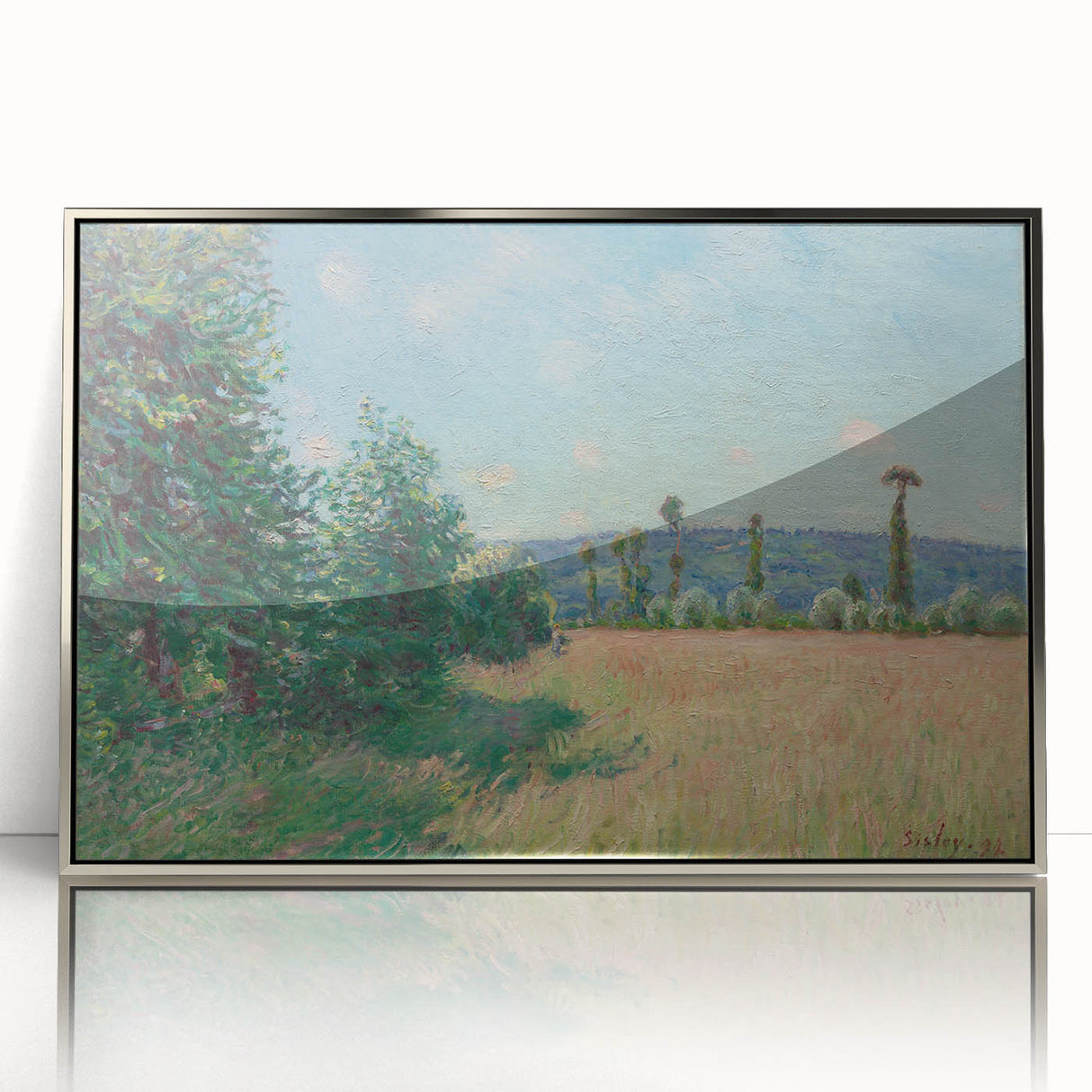 Mid-century modernist art depicting a serene landscape in muted earth tones on a framed acrylic print.