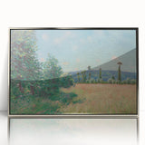 Mid-century modernist art depicting a serene landscape in muted earth tones on a framed acrylic print.