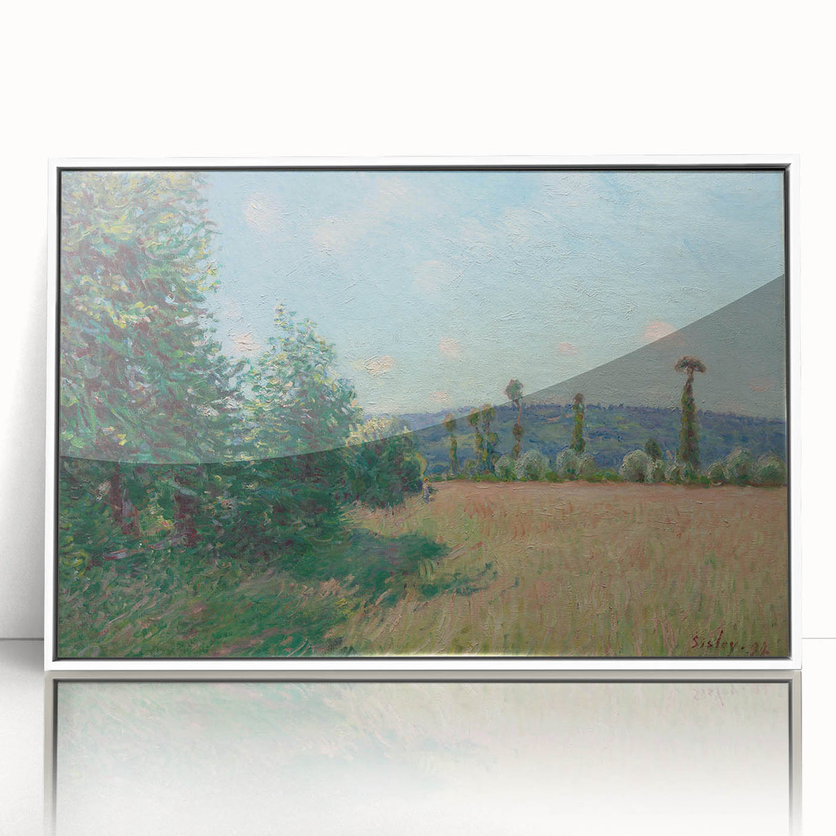 Art Deco poster featuring Alfred Sisley's landscape, in pastel shades on white framed acrylic, suitable for nursery wall art.