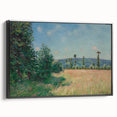 Black and white framed canvas featuring a vintage landscape painting, ideal for bedroom wall art.