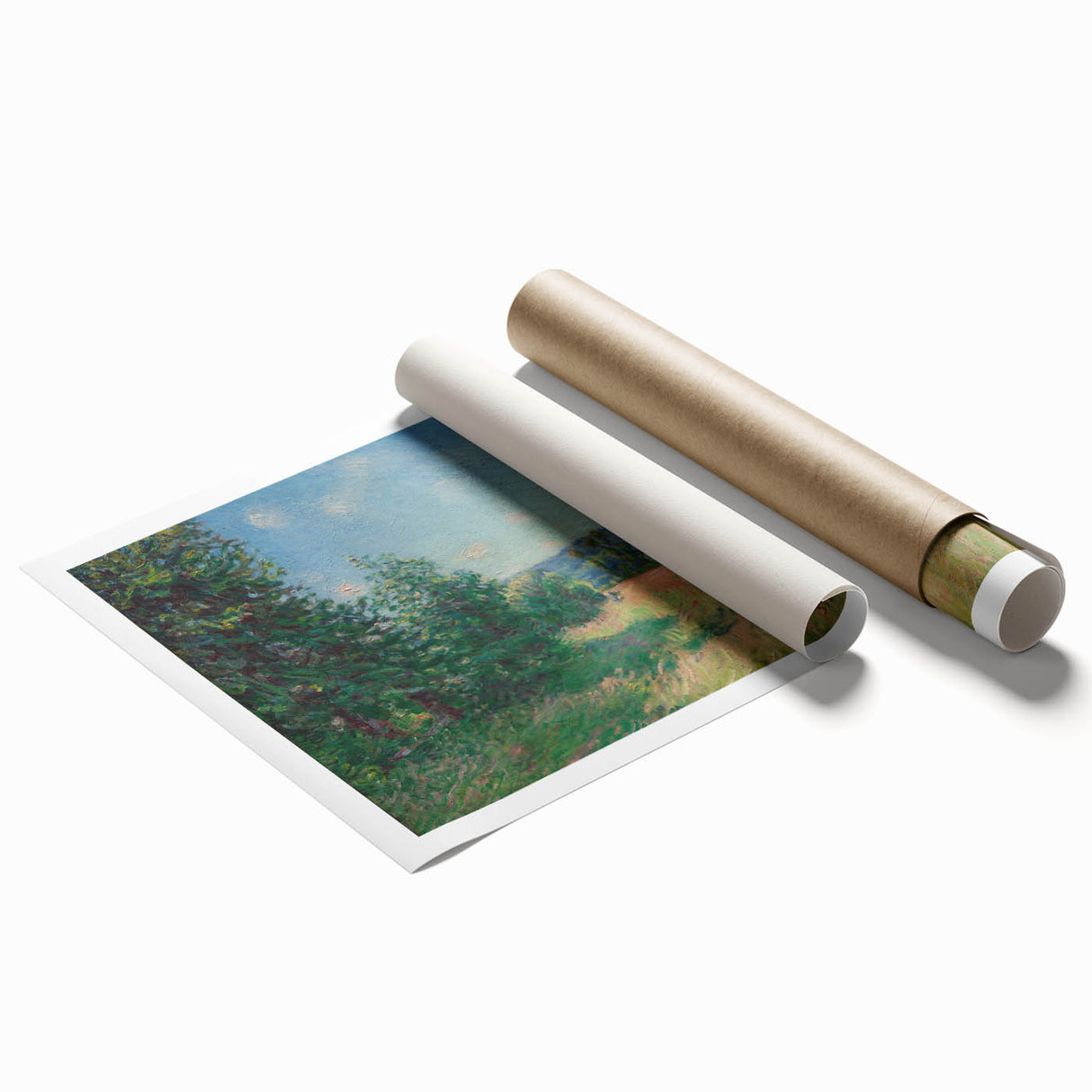 Extra large rolled print of Alfred Sisley's floral art in muted green and blue tones, ideal for classy bathroom wall art.