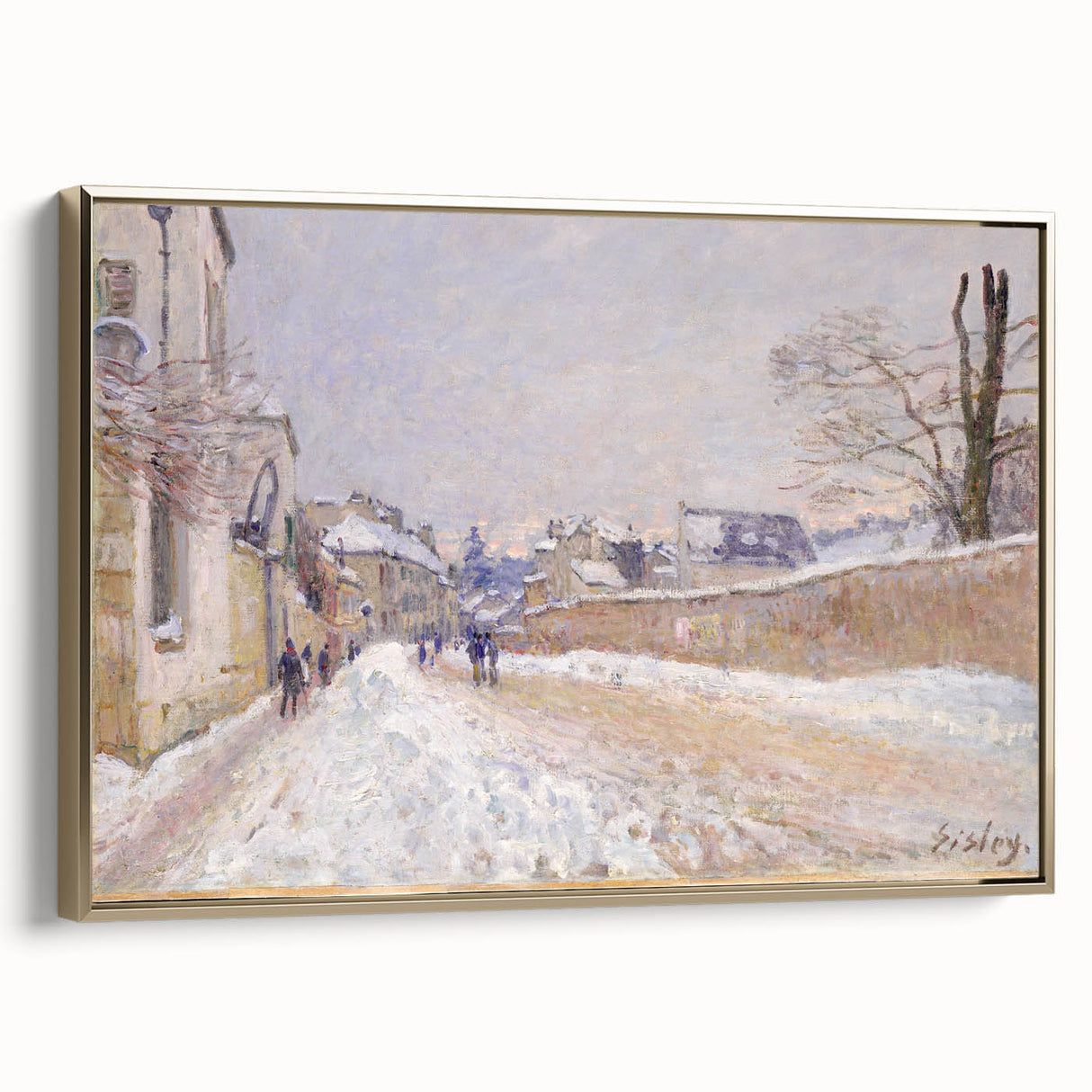 Framed canvas of Alfred Sisley's landscape painting in muted earth tones, ideal for bedroom wall art.