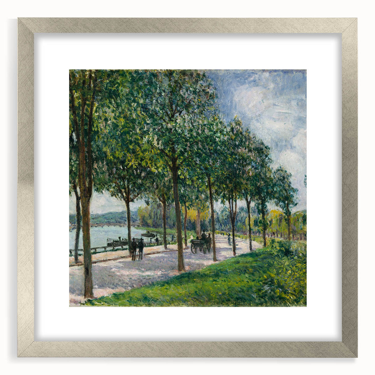 Textured art print featuring abstract patterns in cool gray tones on a silver-framed canvas, suitable for bedroom decor.