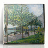 Mid-century modernist art featuring a serene river landscape in muted earth tones, framed acrylic.