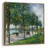 Framed canvas featuring a landscape painting by Alfred Sisley, with muted earth tones, ideal for bedroom wall art.