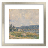 Textured art print of an abstract landscape in muted blues and greens on a framed canvas, suitable for bedroom decor.