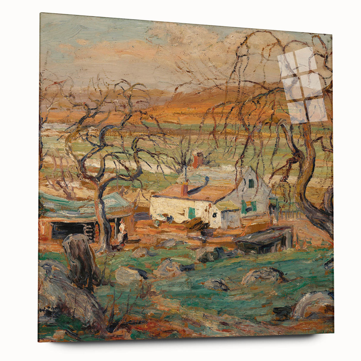 Large abstract wall art by Alfred Sisley in muted earth tones on acrylic glass, ideal for bedroom or dining room decor.