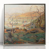 Mid-century modernist art of a serene landscape in muted earth tones, framed acrylic, suitable for nursery wall decor.