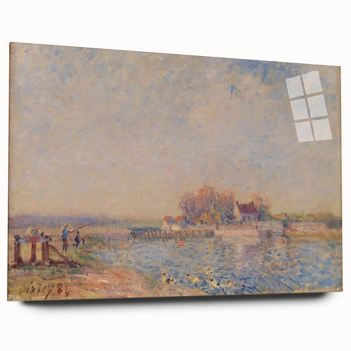 Acrylic print of Alfred Sisley's riverside landscape in soft green and blue tones, suitable for bedroom or dining room decor.