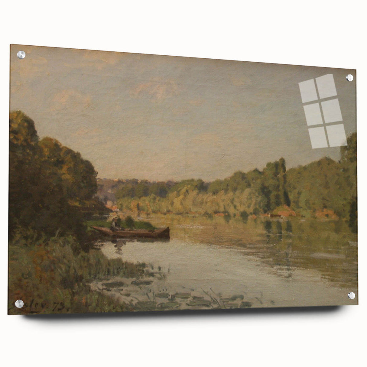 Alfred Sisley-inspired acrylic print featuring a serene river landscape in soft blue and green hues.