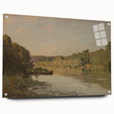 Alfred Sisley-inspired acrylic print featuring a serene river landscape in soft blue and green hues.