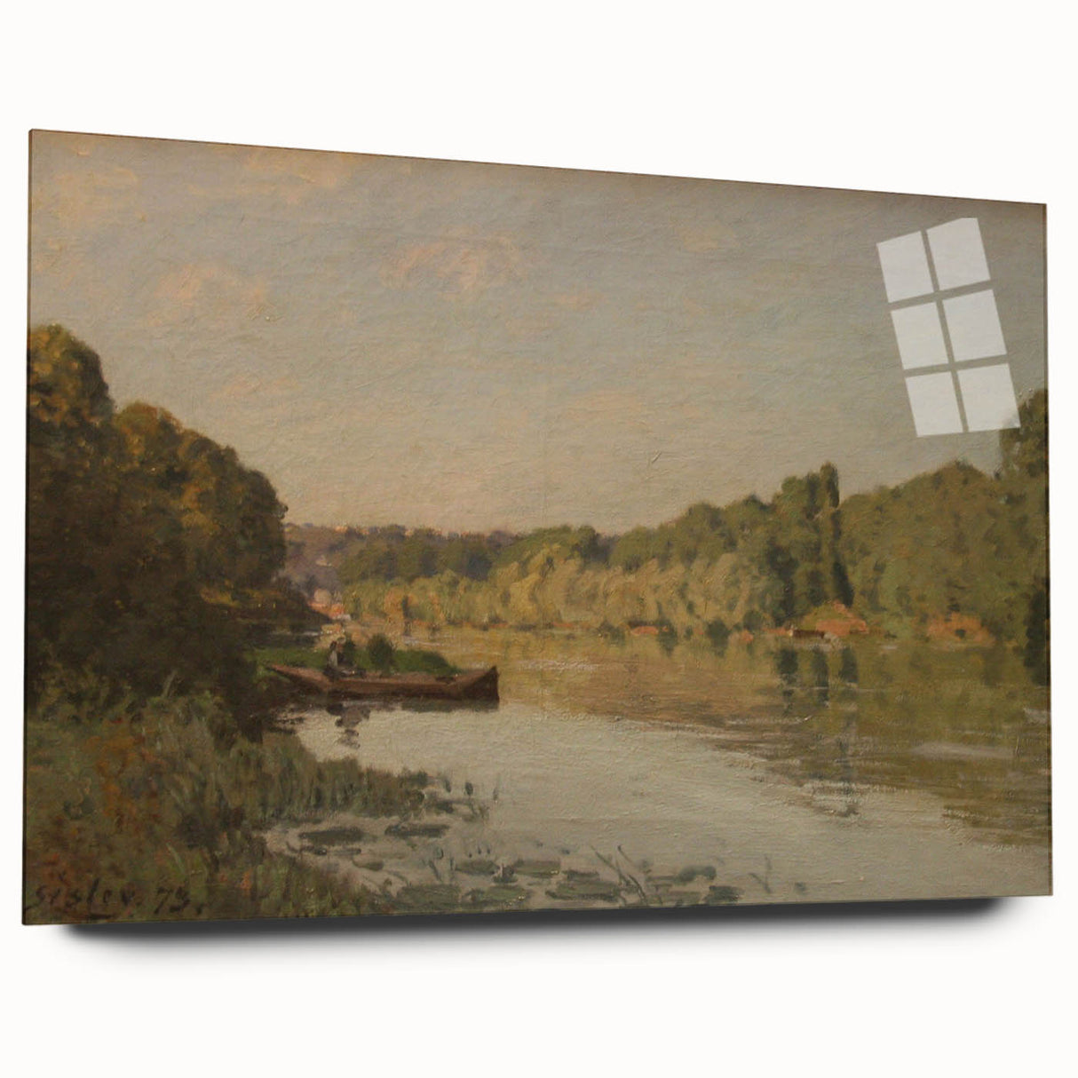 Side view of an Alfred Sisley inspired large abstract wall art on acrylic glass, featuring soft earth tones.