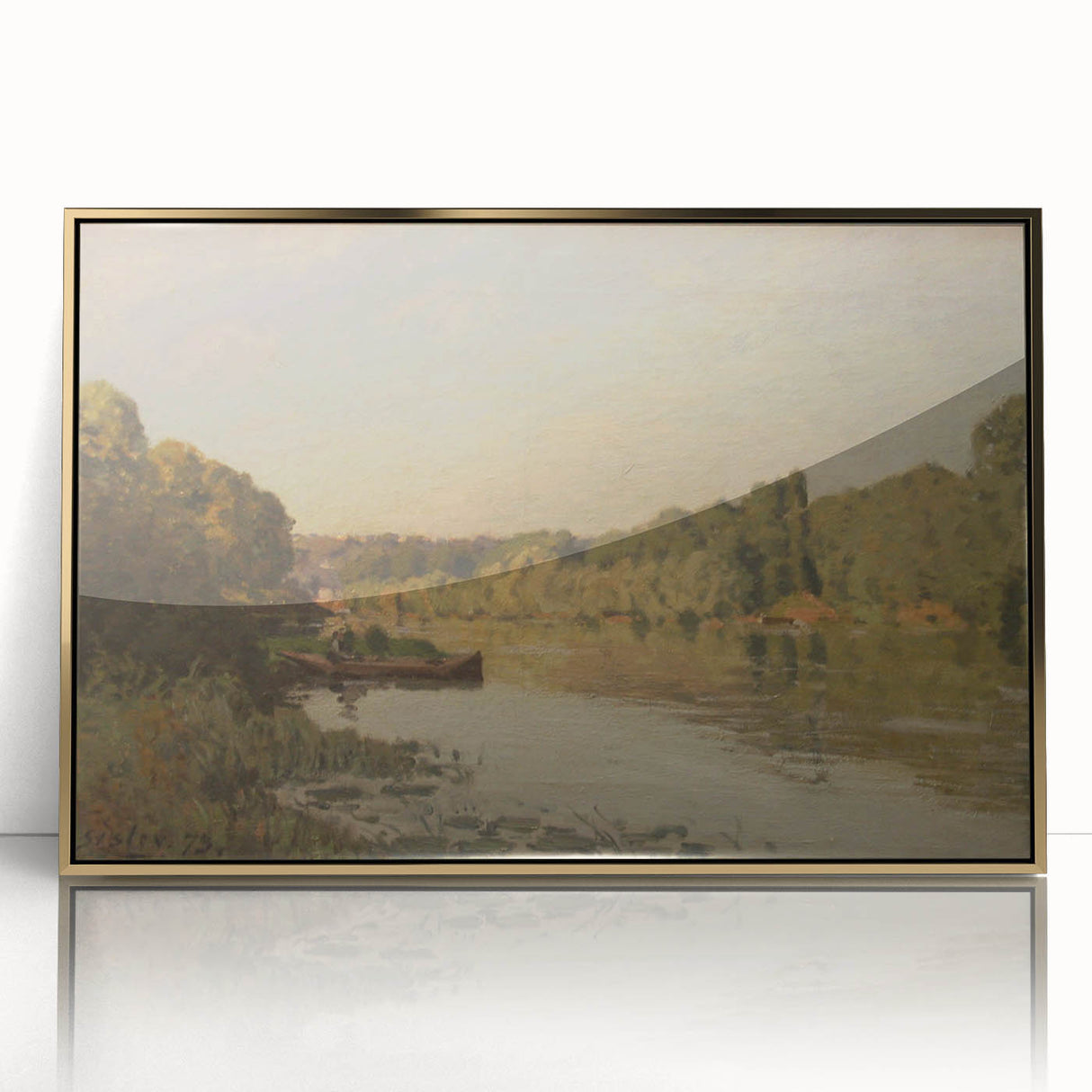 Mid-century modernist art featuring a tranquil river scene in soft pastel hues, framed in gold acrylic.