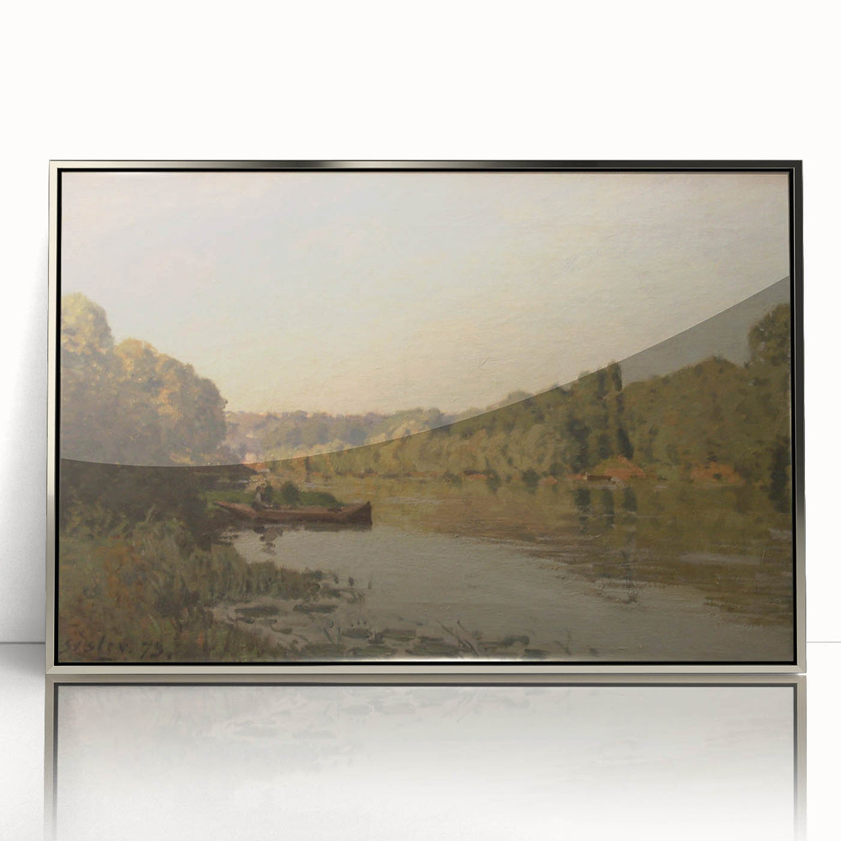 Mid-century modernist art depicting a serene landscape with soft pastel shades on a silver-framed acrylic print.