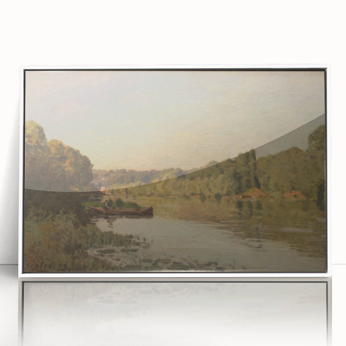 Acrylic print of Alfred Sisley's landscape with soft pastel shades, framed in white.