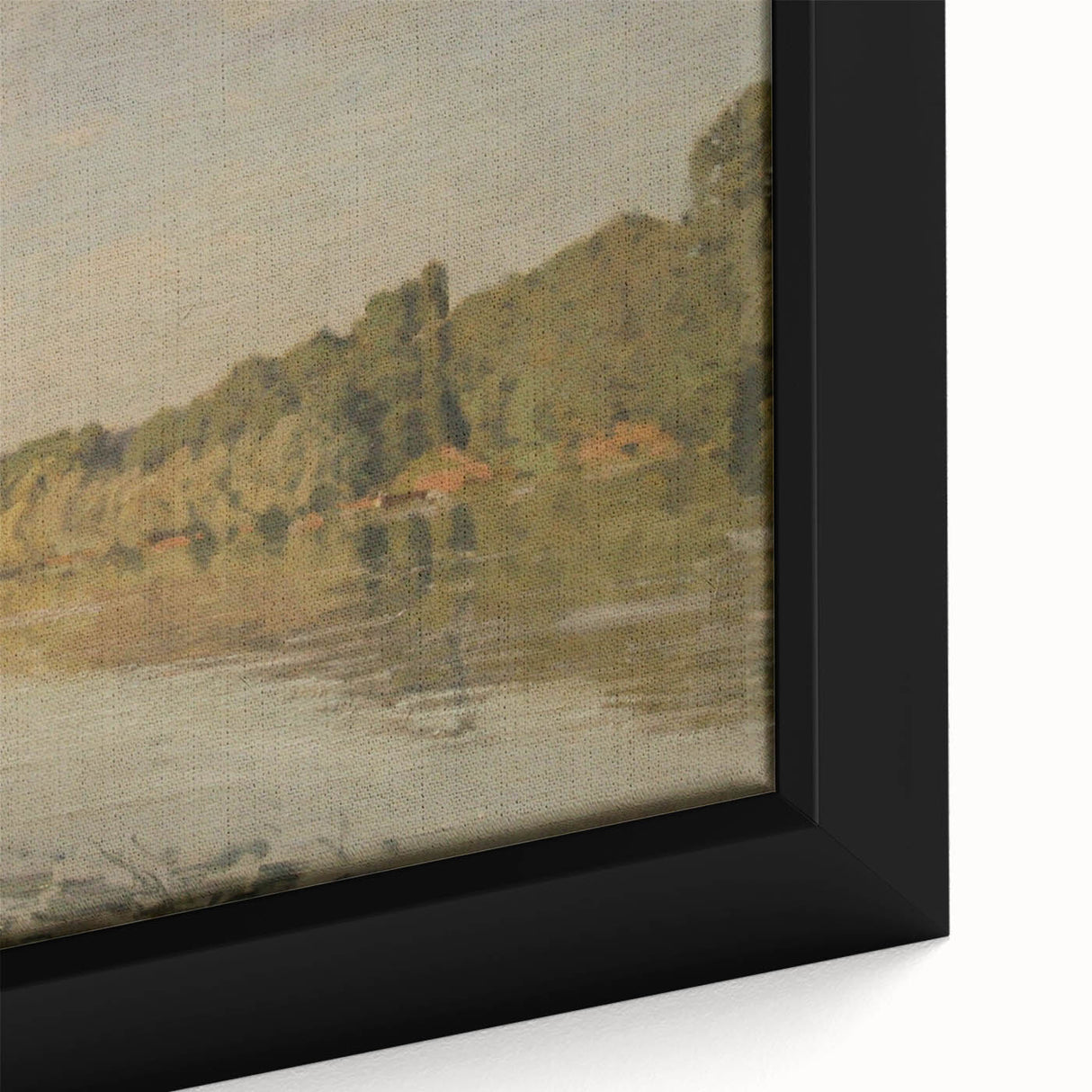 Close-up of a black framed canvas featuring a textured, colorful impressionist painting, ideal for living room decor.
