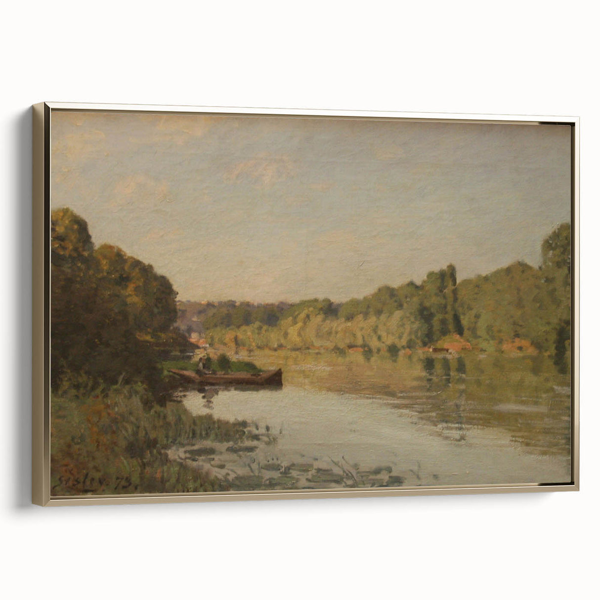 Framed canvas of Alfred Sisley's landscape painting in muted green and blue tones, ideal for bedroom wall art.