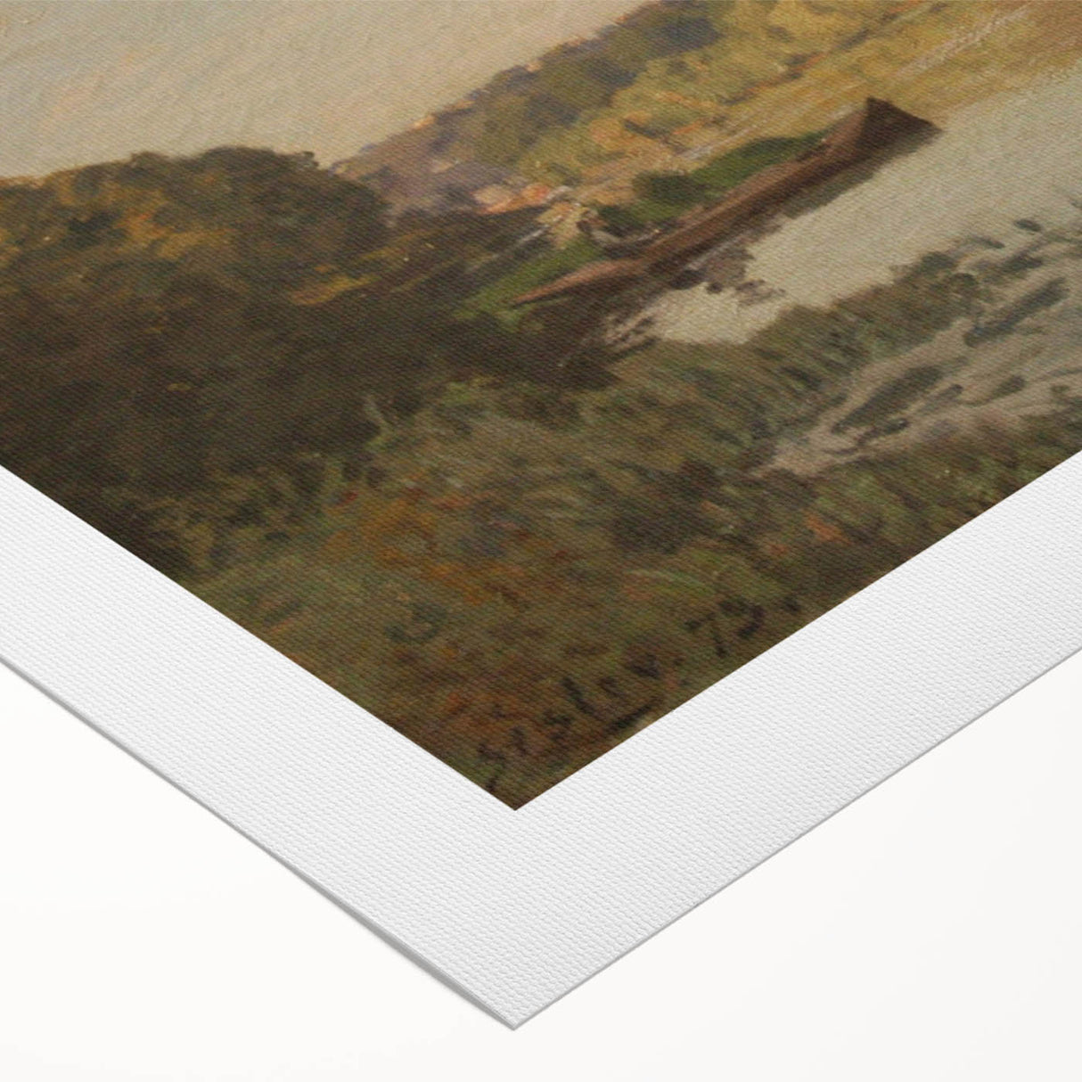Art deco poster featuring a serene river landscape with soft pastel tones on rolled canvas, ideal for dining room wall art.