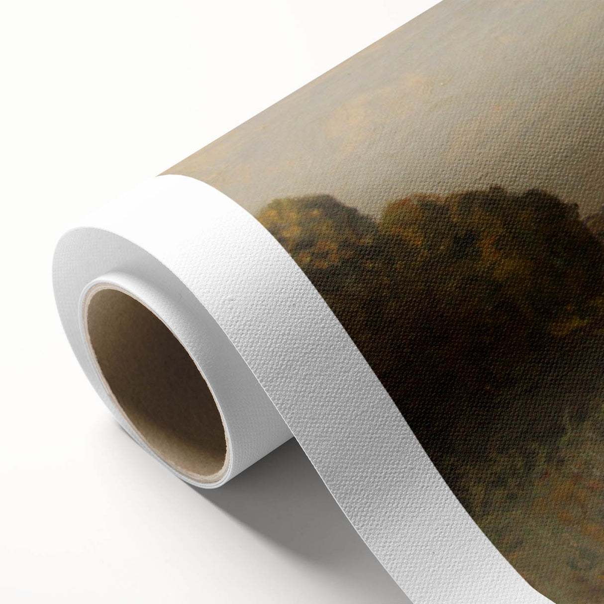 Art Deco style poster of a serene landscape, in soft green and blue hues, printed on rolled canvas.