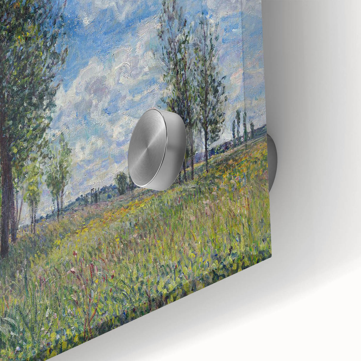 Mid-century modernist large abstract wall art in muted green and blue shades on acrylic glass, ideal for dining room decor.