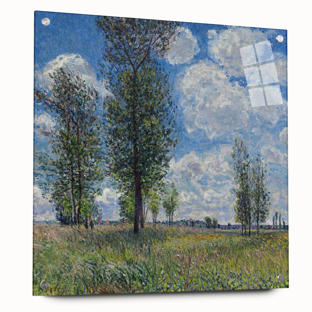 Acrylic print of Alfred Sisley's impressionist landscape in muted green and blue tones, ideal for dining room decor.