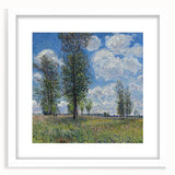 Abstract art print of a serene river landscape in soft blue and green hues on a white framed canvas.