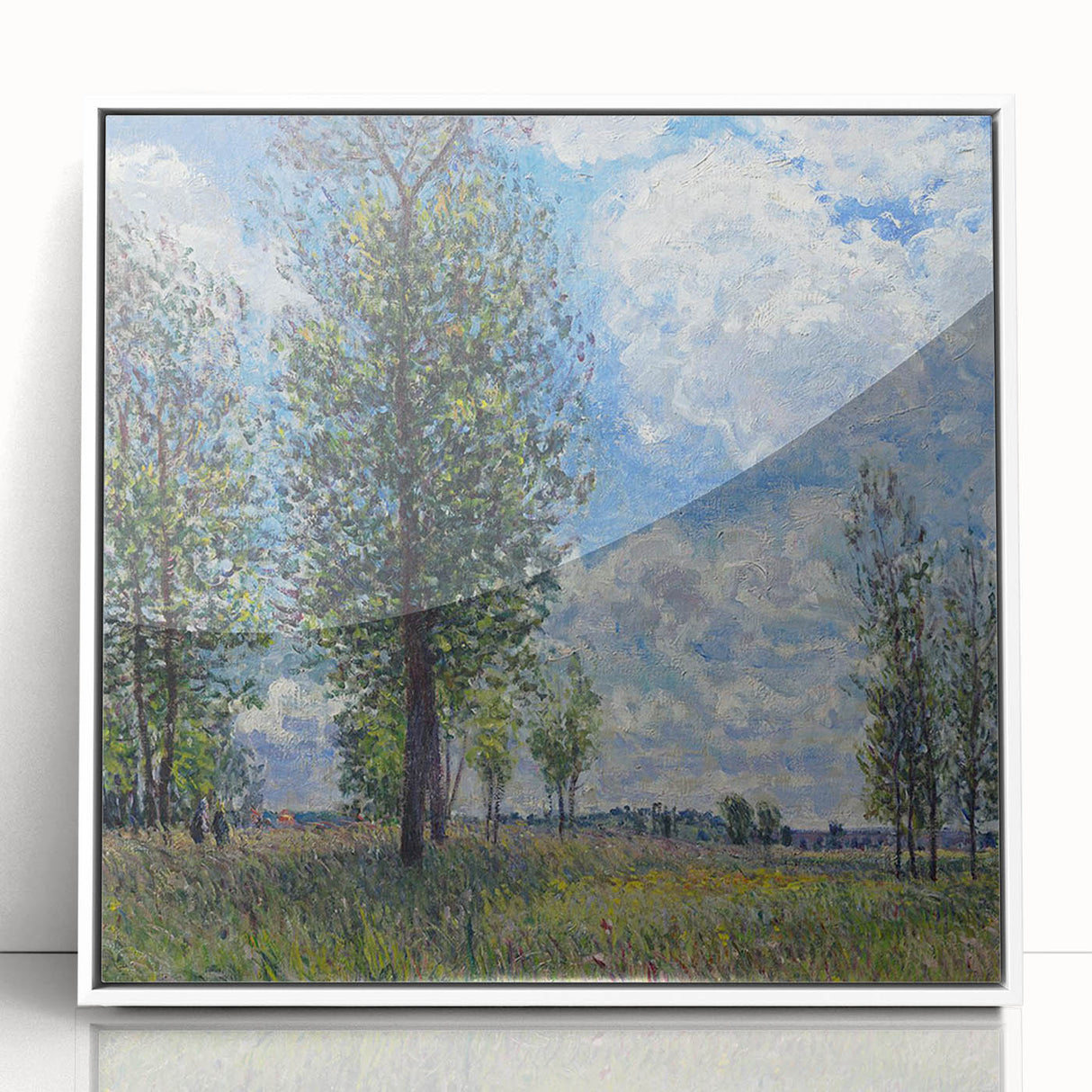 Art Deco poster featuring a serene river landscape in soft blue and green tones on a framed acrylic.