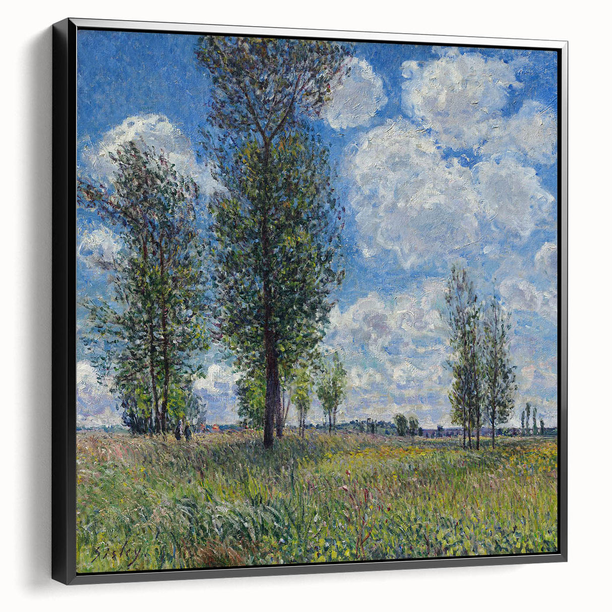Black and white framed canvas featuring a vintage poster-style landscape painting, ideal for bedroom wall decor.