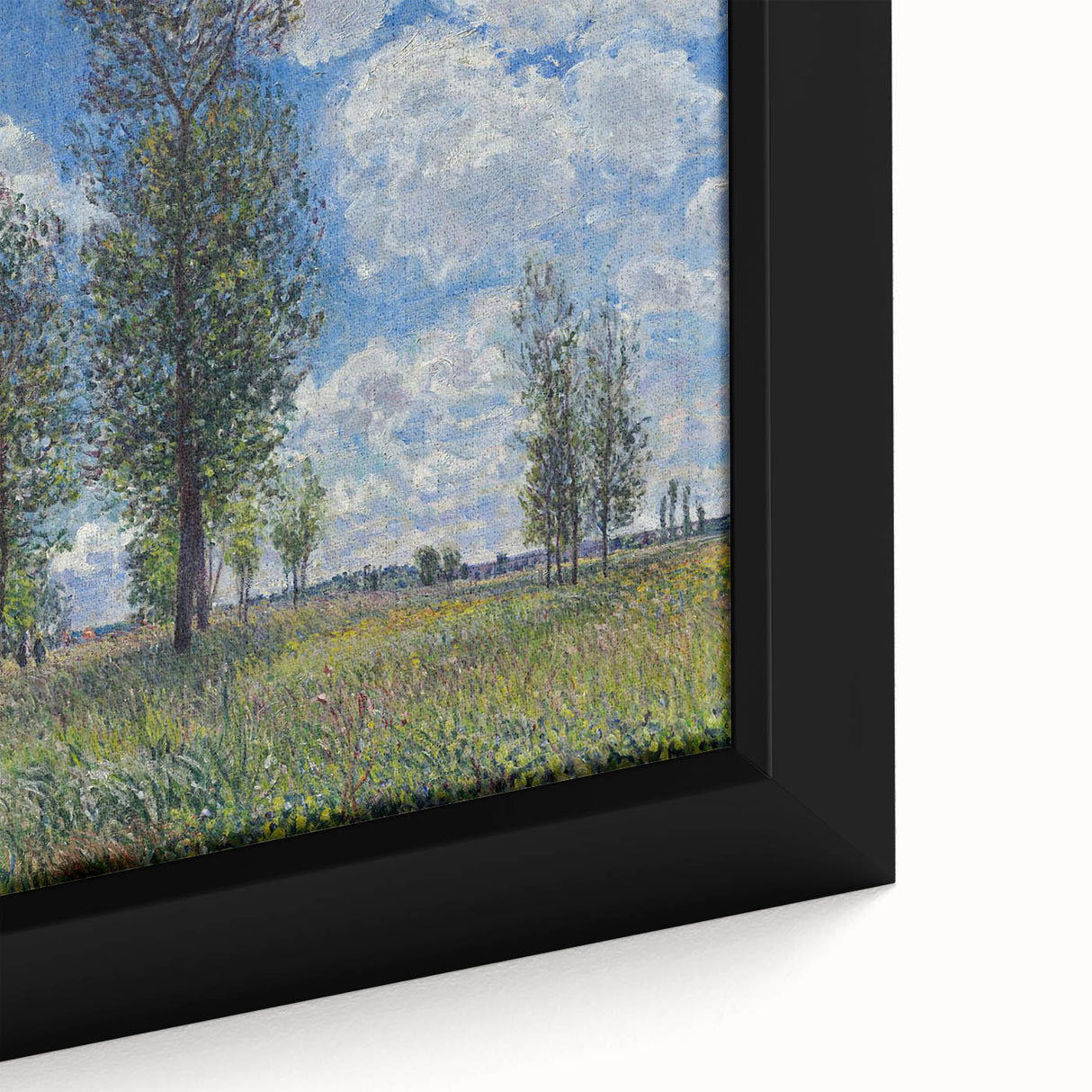 Extra large framed canvas featuring textured, colorful art of a riverside landscape by Alfred Sisley.