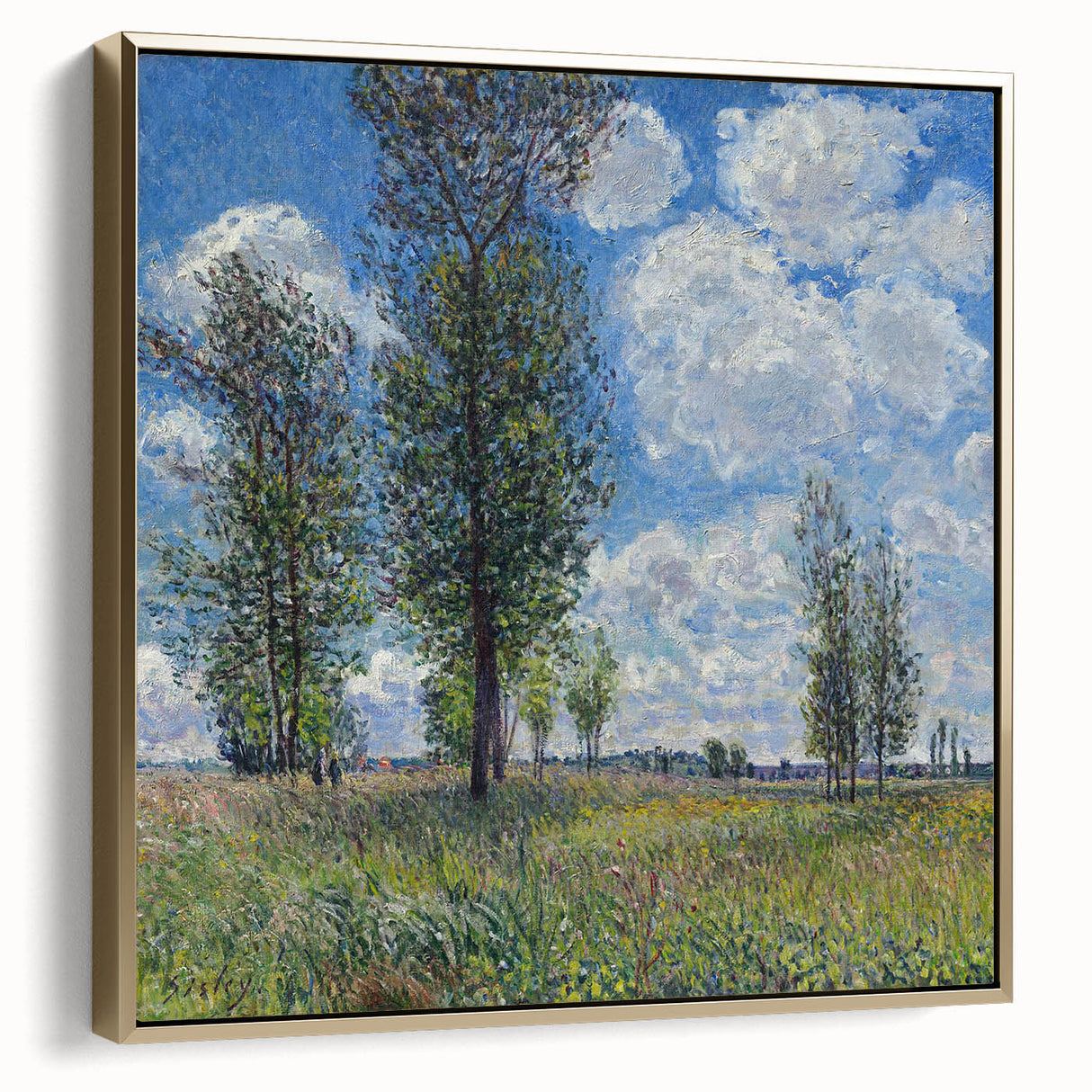 Framed canvas depicting Alfred Sisley's landscape painting in muted earth tones, ideal for bedroom wall art.