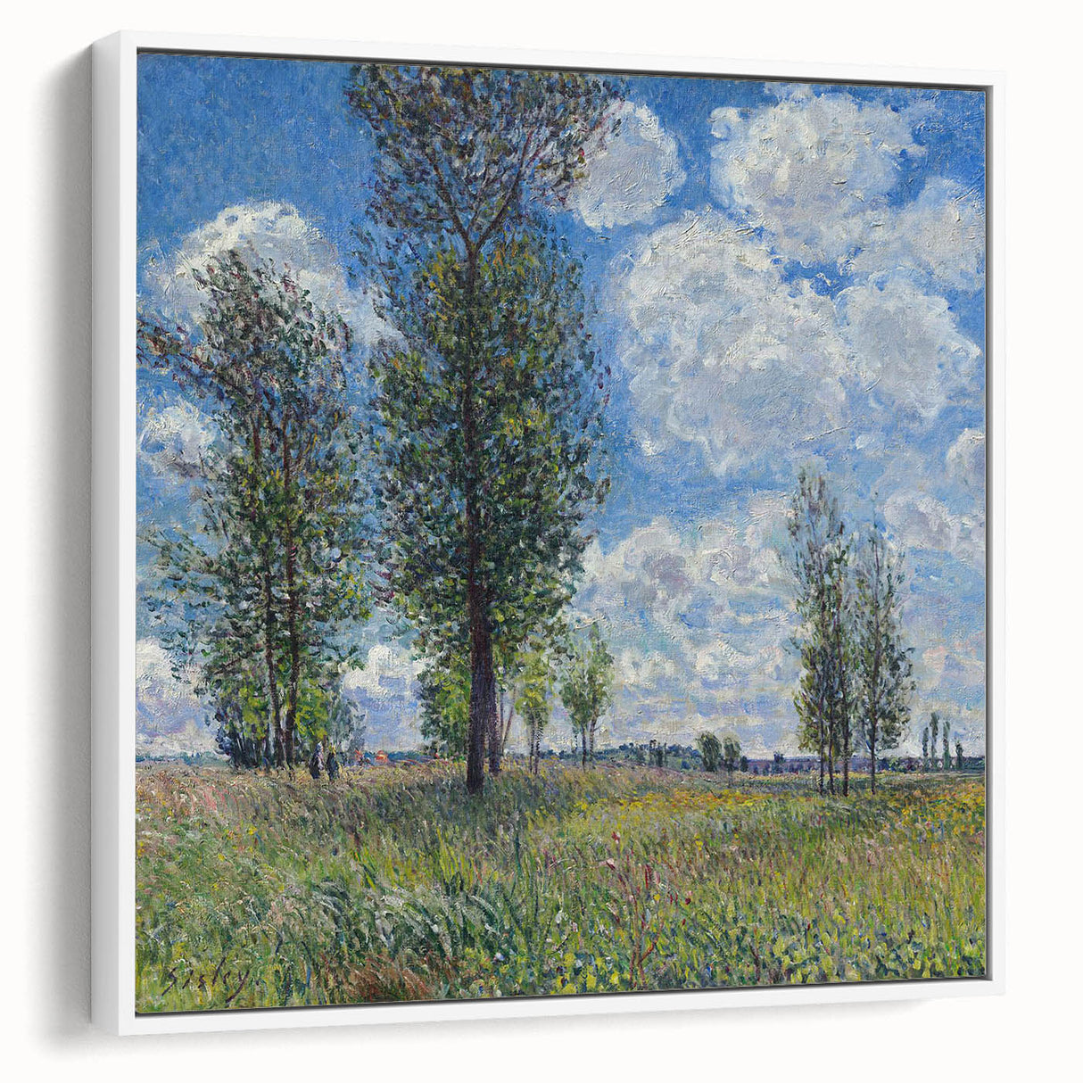 Vintage poster art featuring Alfred Sisley's impressionist landscape on a framed canvas, ideal for living room decor.