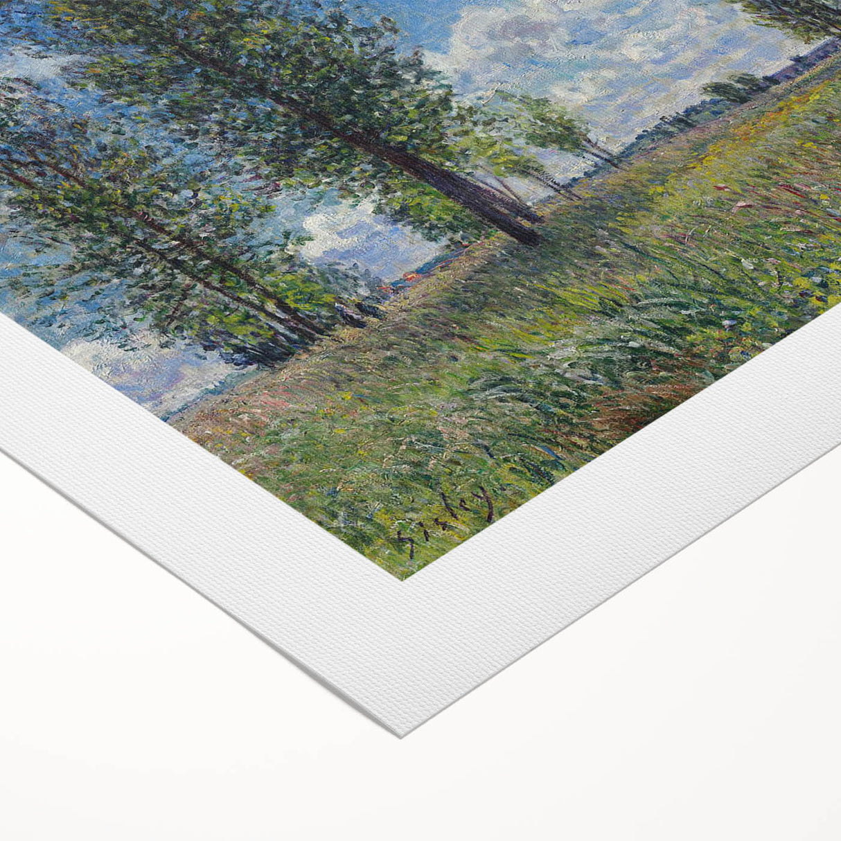 Art deco poster featuring a serene river landscape in soft blue and green hues on rolled canvas.