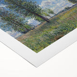 Art deco poster featuring a serene river landscape in soft blue and green hues on rolled canvas.
