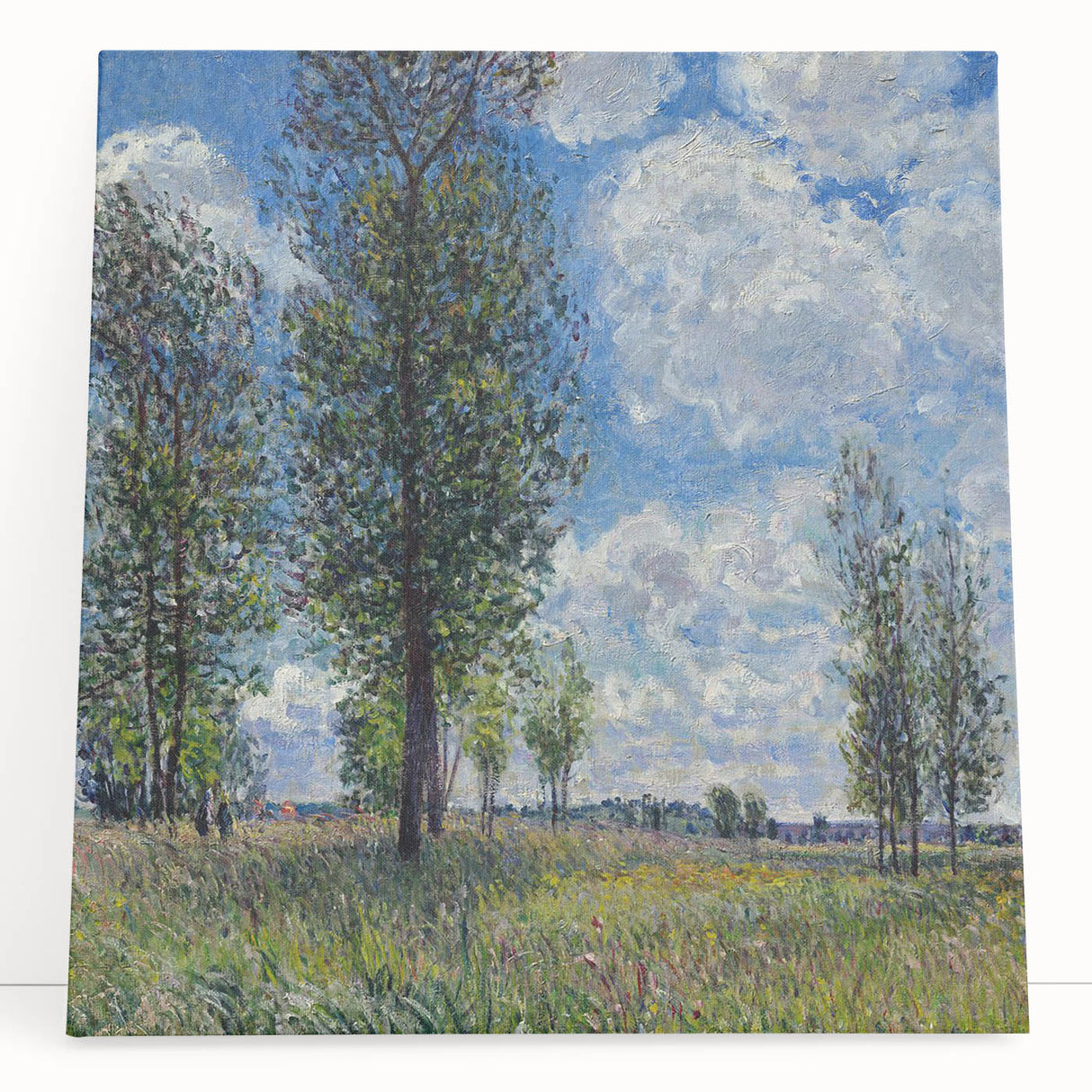 Black and white print of Alfred Sisley's landscape on stretched canvas, suitable as large kitchen wall art.