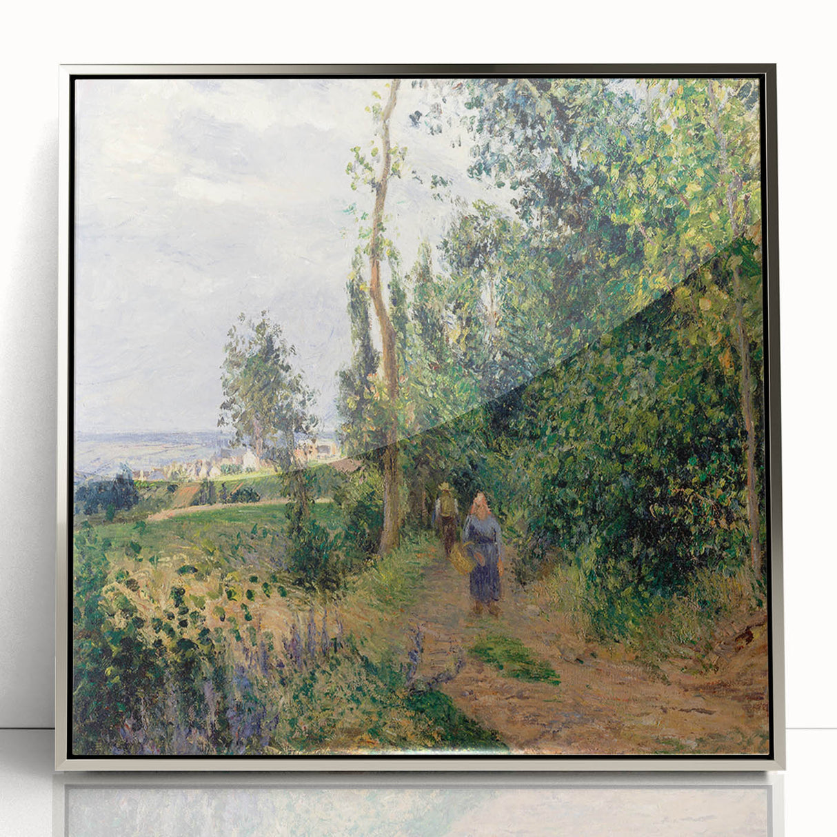 Mid-century modernist art by Camille Pissarro featuring a rural landscape in muted green and brown tones, framed acrylic.