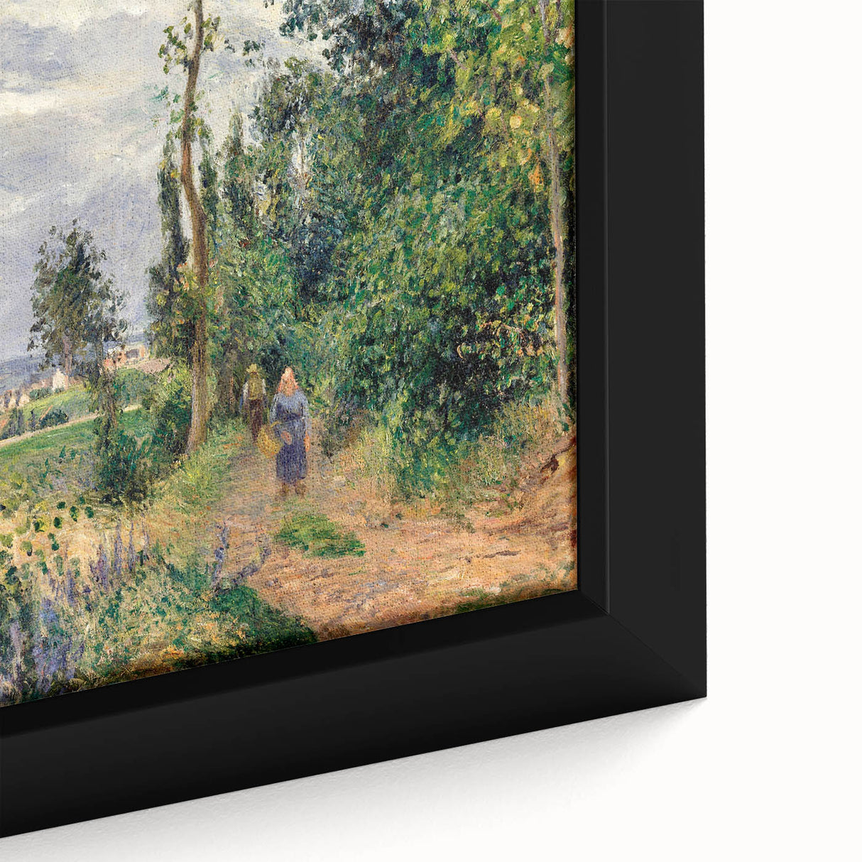 Extra large black wall art depicting a textured colorful painting by Camille Pissarro, framed canvas.