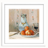 Abstract art print of a Camille Pissarro design in muted earth tones on a framed white canvas, ideal for dining room decor.