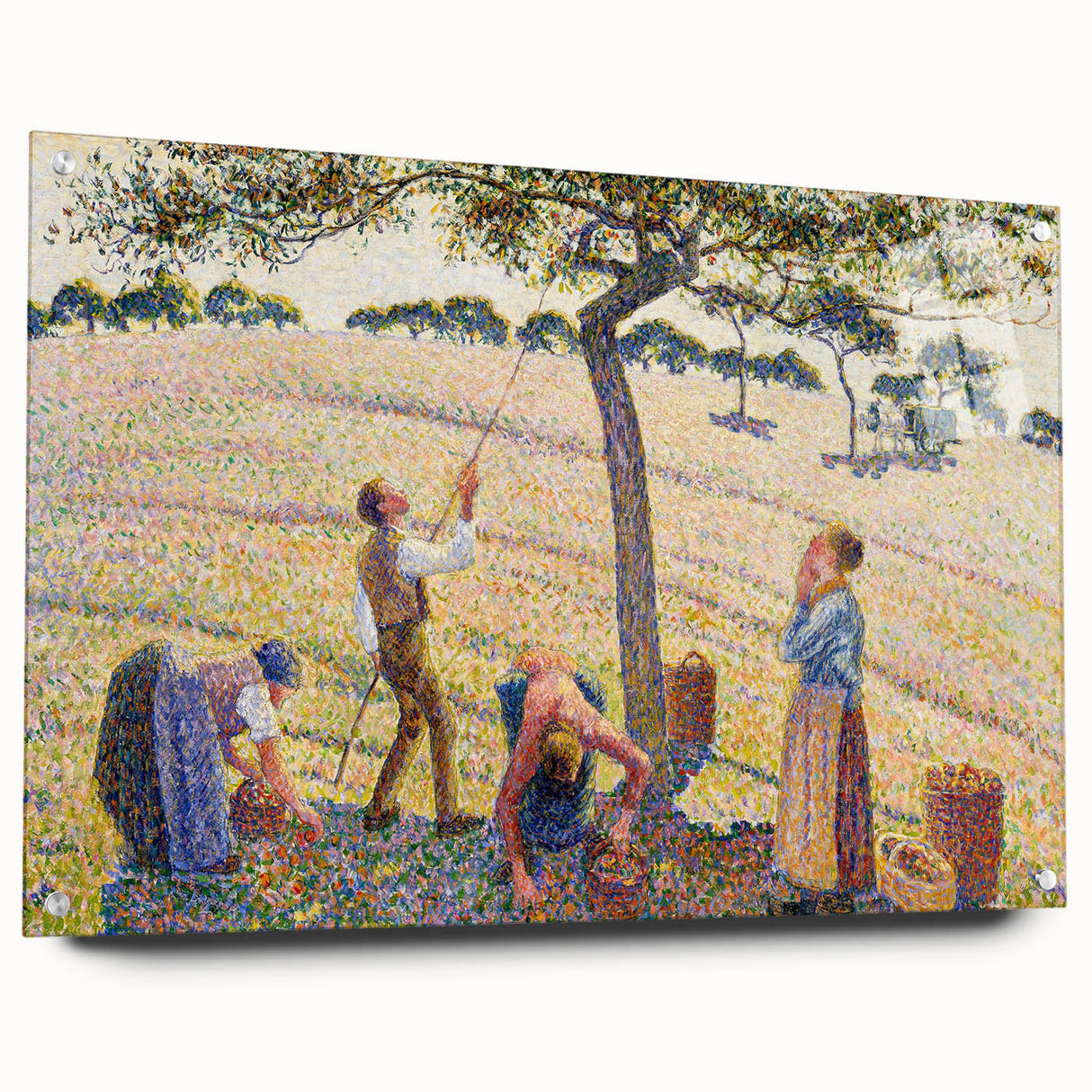 Acrylic print of a Camille Pissarro-inspired landscape in muted earth tones, ideal for dining room decor.