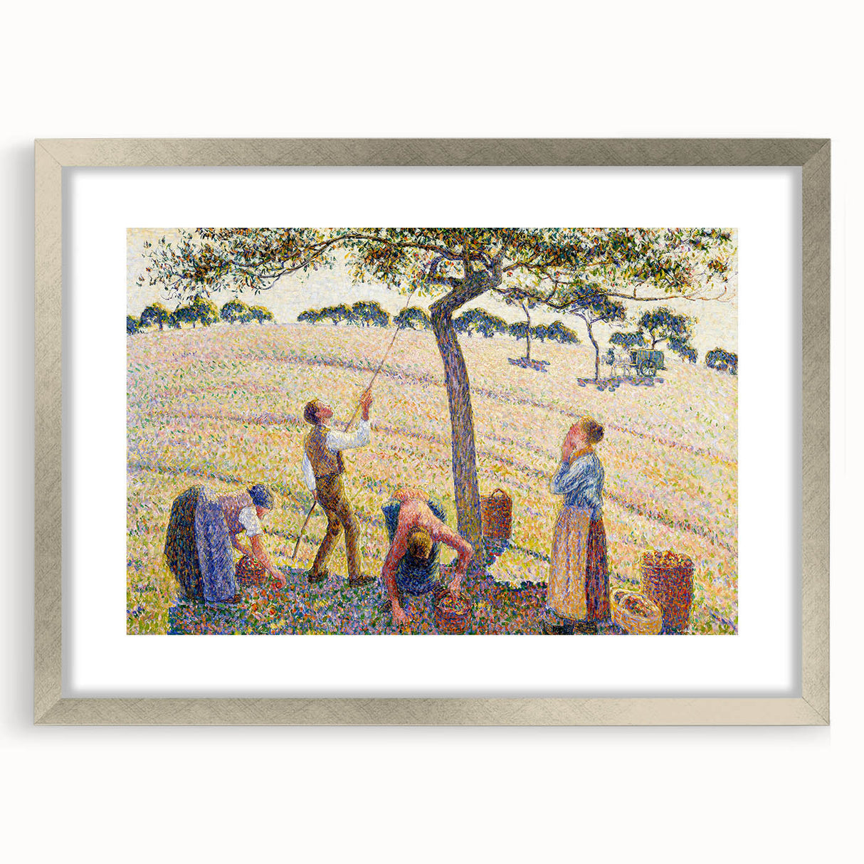 Textured abstract art print of a serene landscape in soft green and blue hues, framed in silver, ideal for bedroom decor.