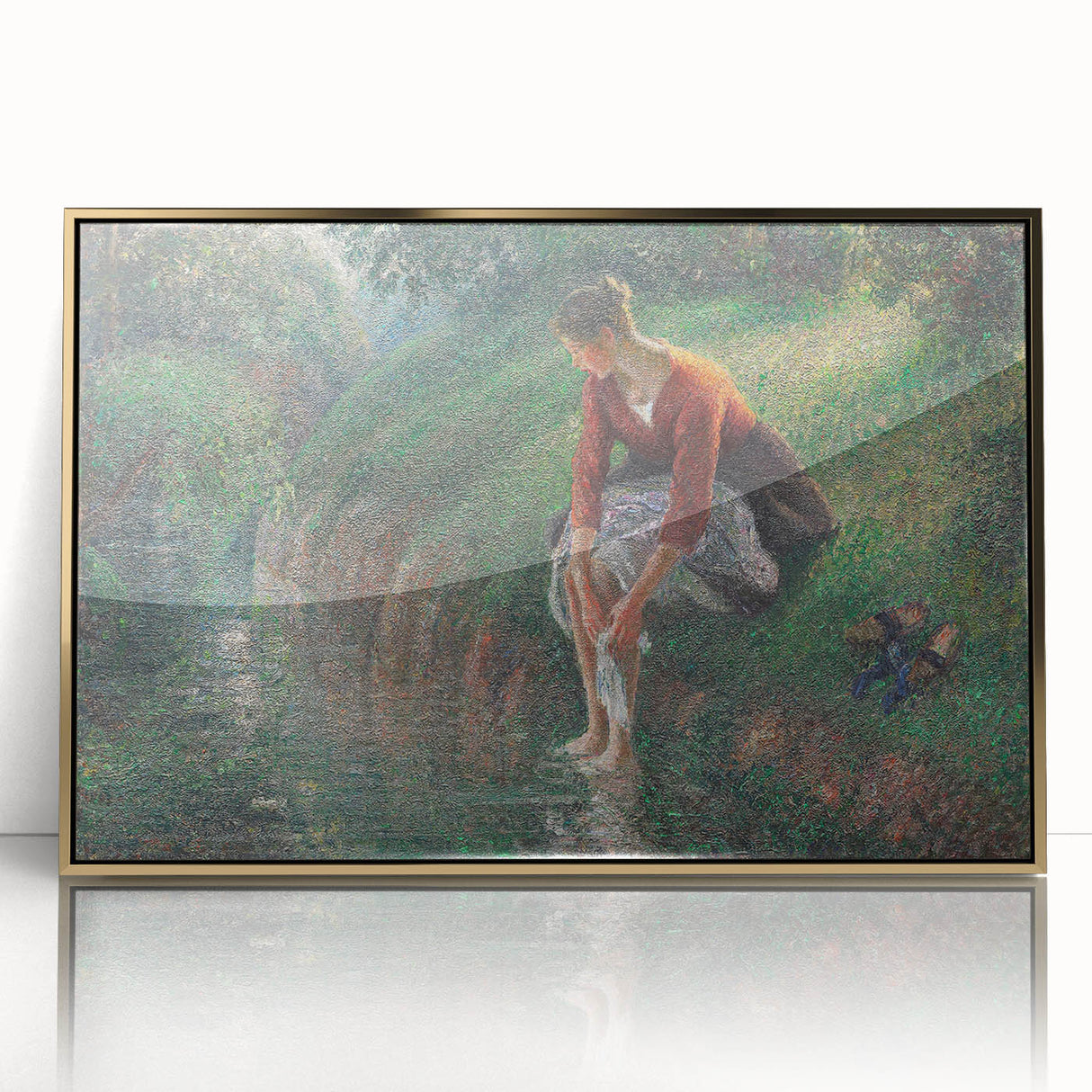 Large art print of a Camille Pissarro painting in a gold frame, featuring soft pastel colors, ideal for nursery wall art.