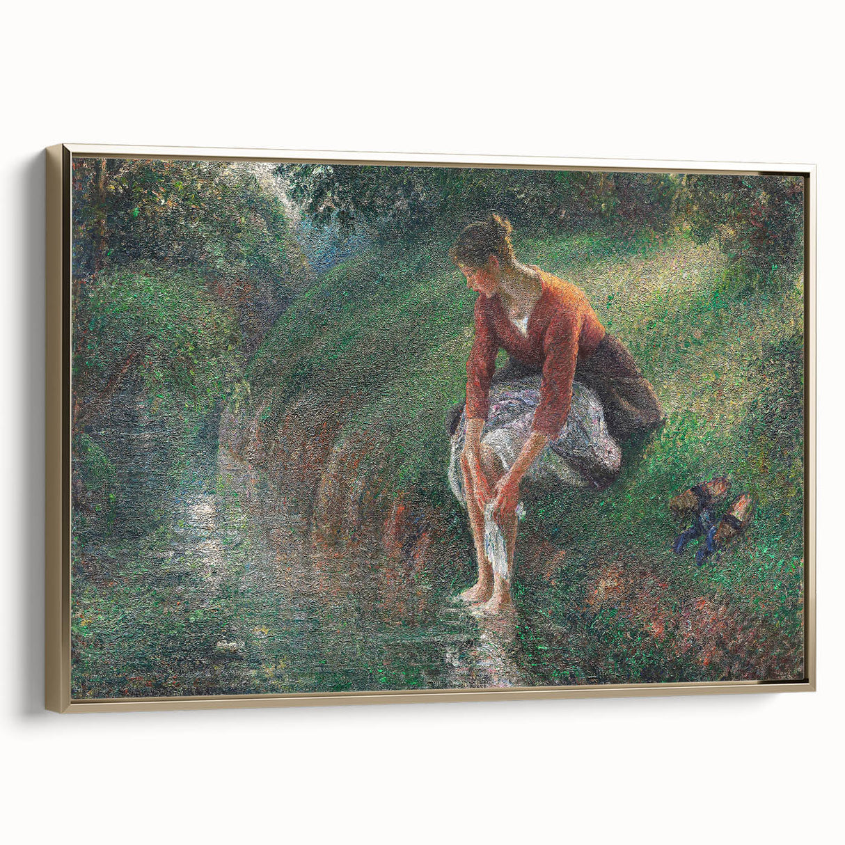 Framed canvas featuring a vintage landscape painting by Camille Pissarro, with muted earth tones, ideal for bedroom wall art.