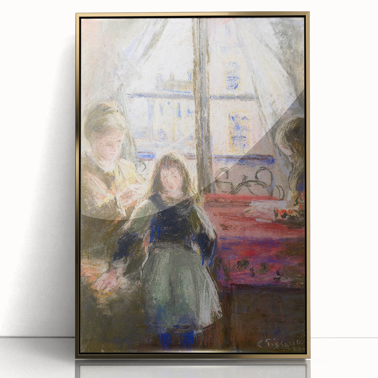 Large art print of a Camille Pissarro-inspired scene, featuring soft green and beige tones on a gold-framed acrylic.