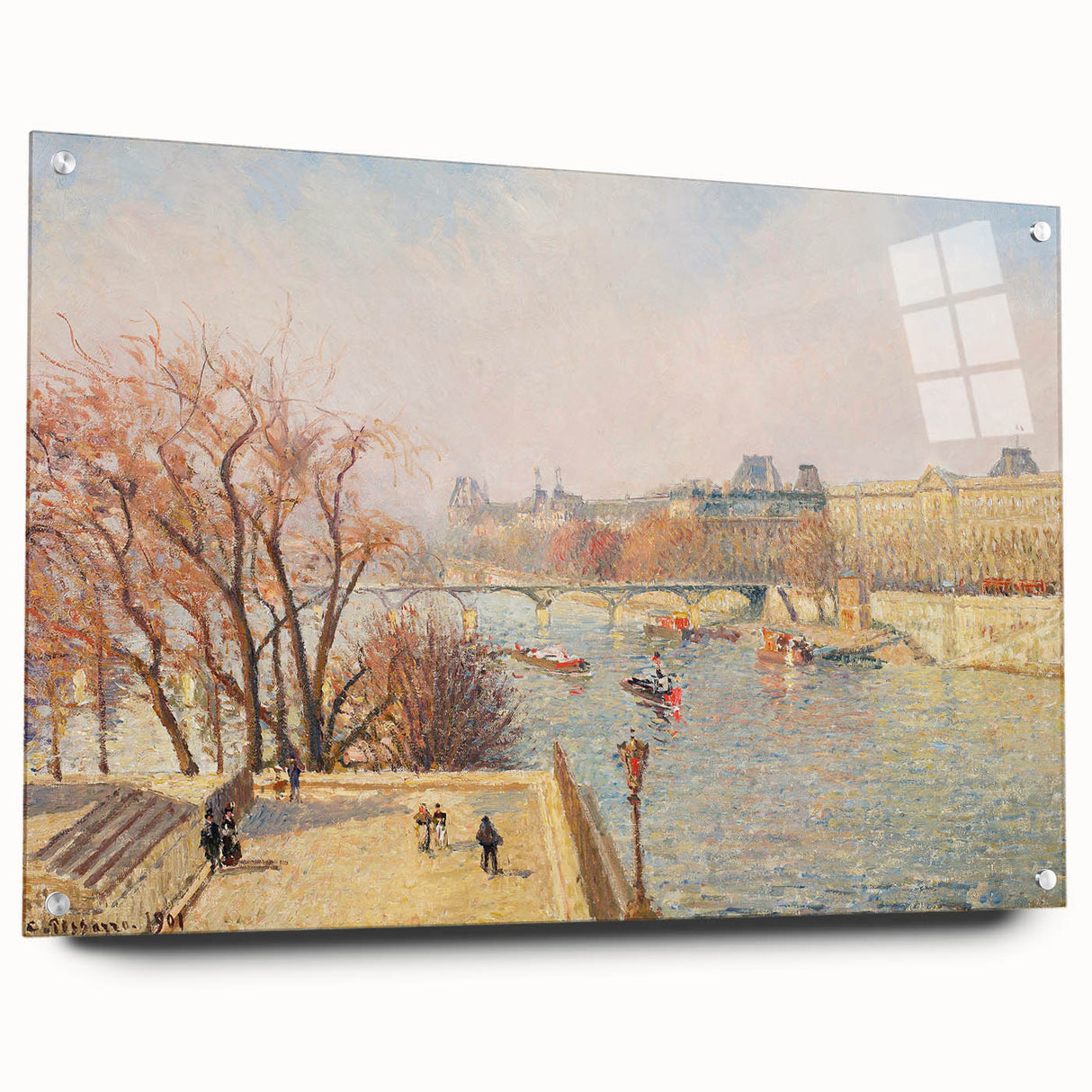 Acrylic print of Camille Pissarro's impressionist artwork, featuring soft green and brown tones, ideal for dining room decor.
