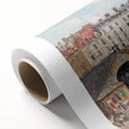 Art deco poster featuring a serene landscape scene with soft green and beige tones on rolled canvas.