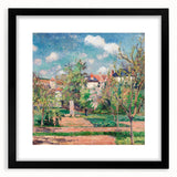 Extra large abstract art print of a colorful, textured scene by Camille Pissarro, in a black frame.