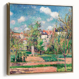 Framed canvas of Camille Pissarro landscape painting in muted earth tones, ideal for bedroom wall art.
