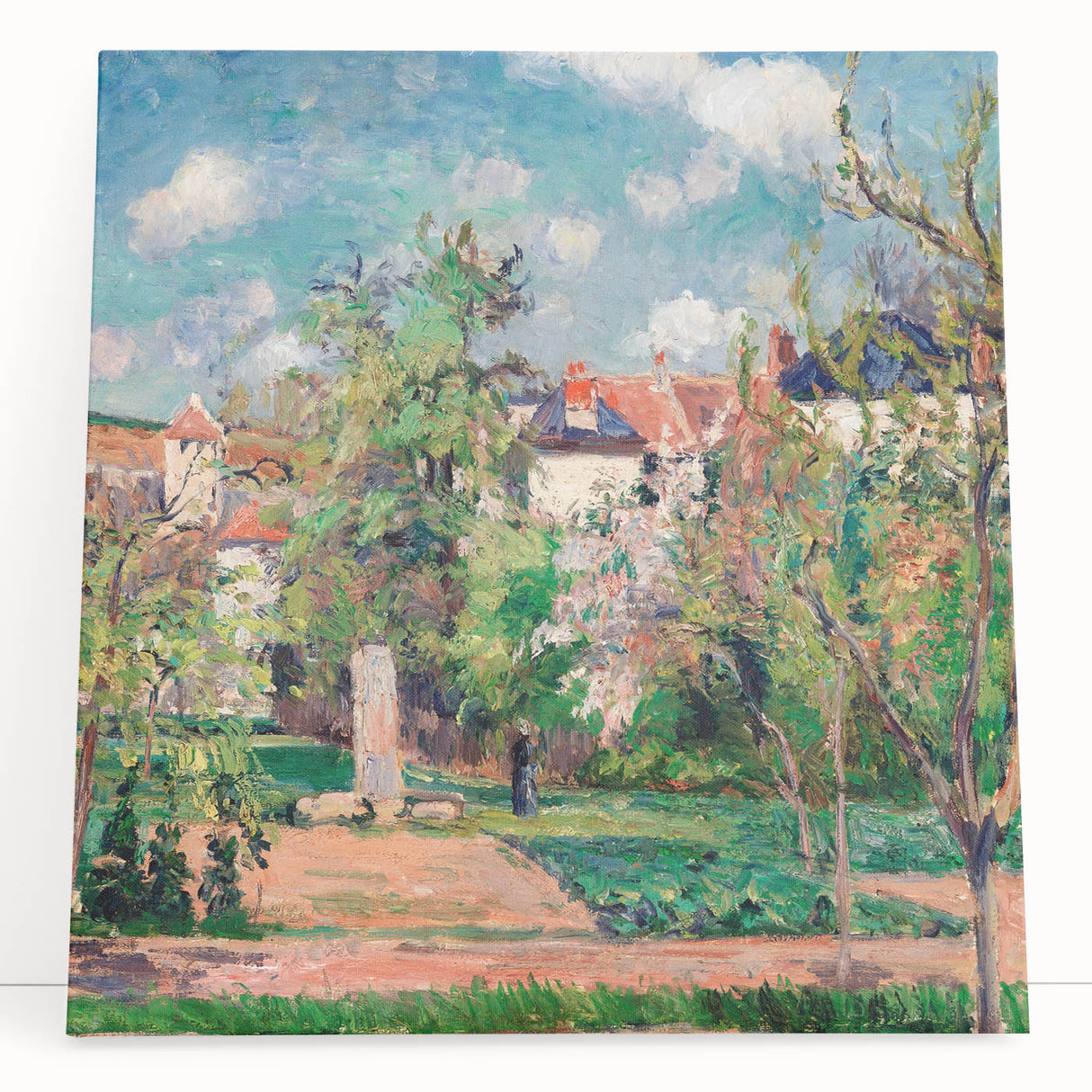 Black and white print of Camille Pissarro's painting on stretched canvas, ideal for kitchen wall art or bedroom ambiance.