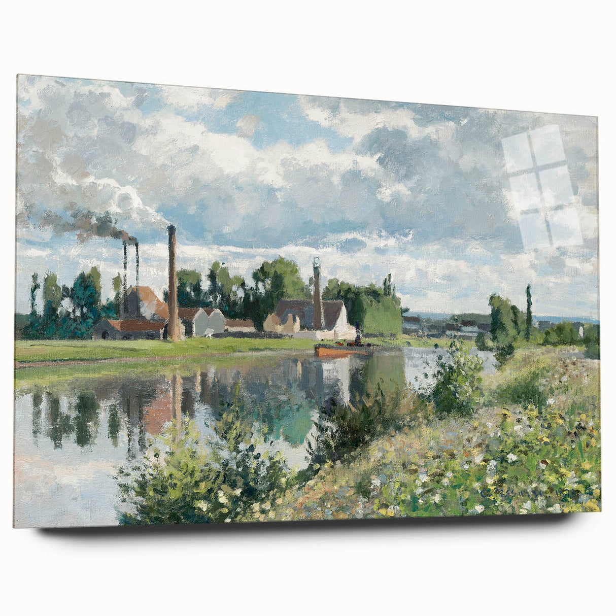 Acrylic print of a Camille Pissarro-inspired landscape in muted earth tones, ideal for bedroom or dining room art.