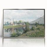 Mid-century modernist art by Camille Pissarro, featuring pastoral scene in muted colors, silver-framed acrylic.